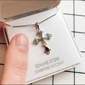 NWB Silver Multi Gemstone Cross Necklace